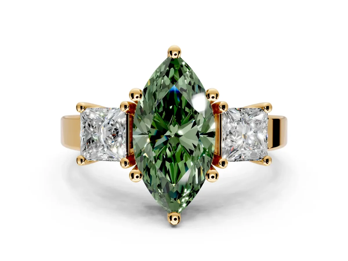 3 Stone Engagement Ring Setting for Fancy Green Marquise Center with Matching Side Accents and Prong Head in Yellow Gold