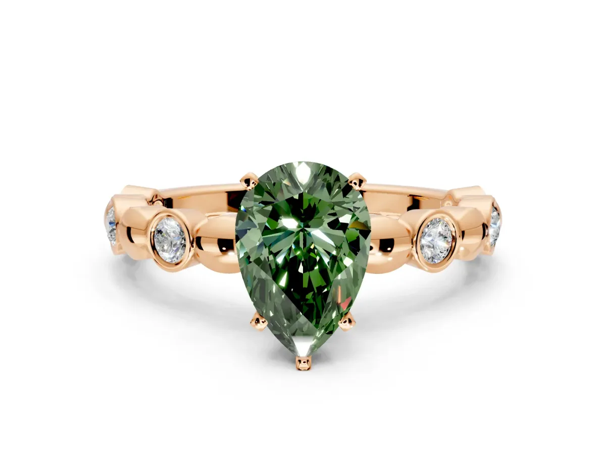 Solitaire Engagement Ring Setting for Fancy Green Pear-Shaped Center with Beaded Bezel Station Band and Prong Head in Rose Gold