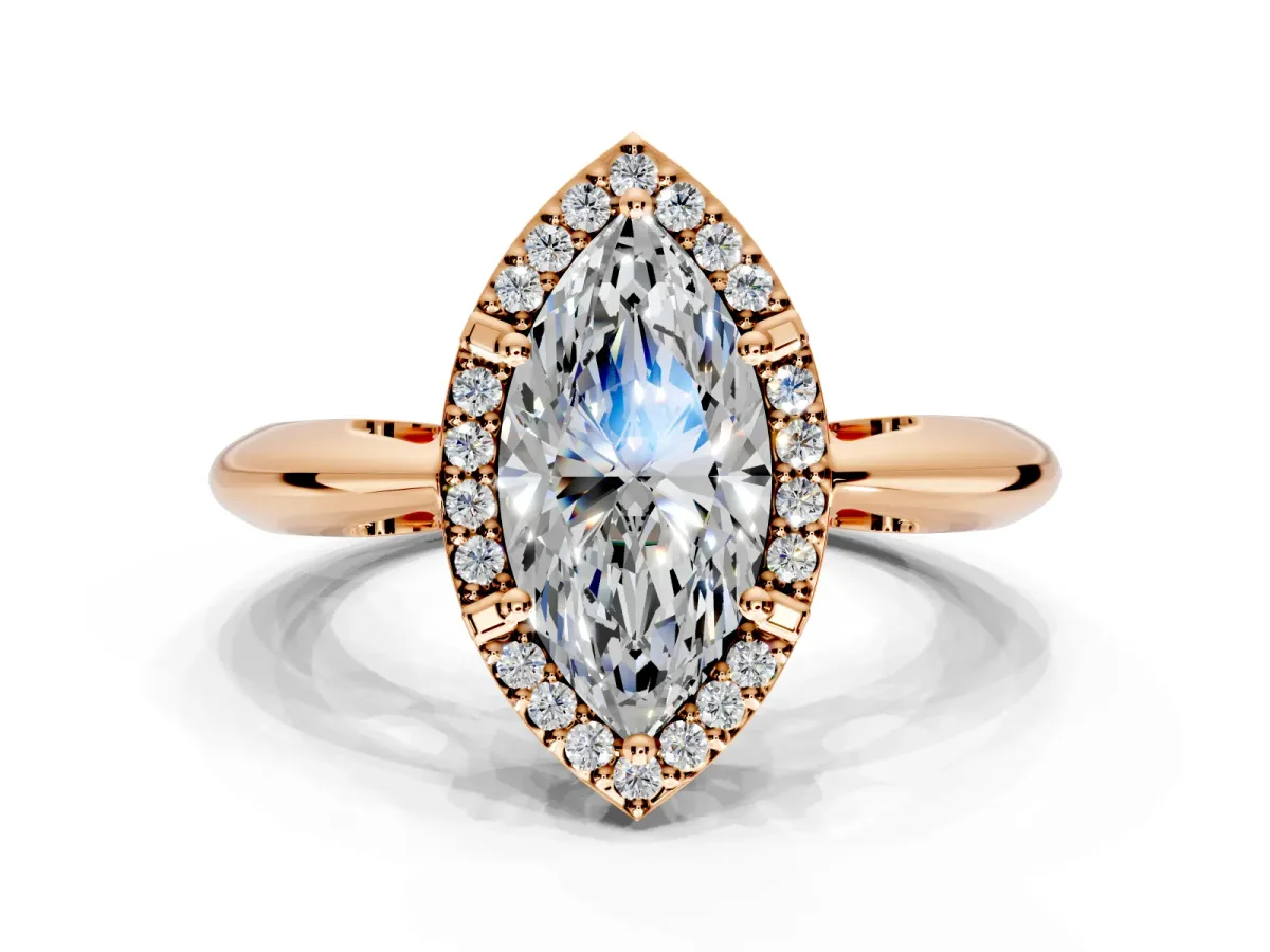 Halo Engagement Ring Setting for Marquise Center with Tapered Plain Band and Prong Head in Rose Gold