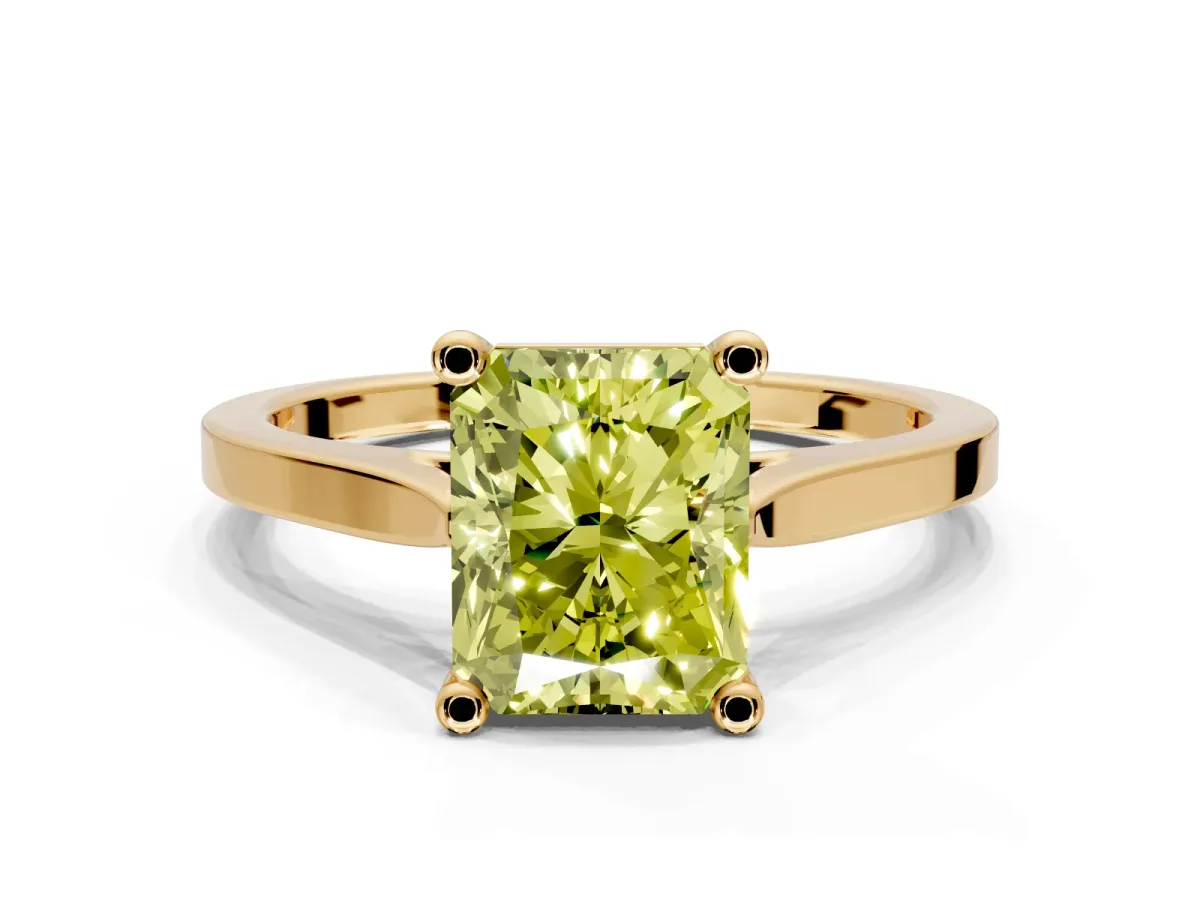Solitaire Engagement Ring Setting for Fancy Yellow Radiant Cut Center with Tapered Shoulders and Prong Head in Yellow Gold