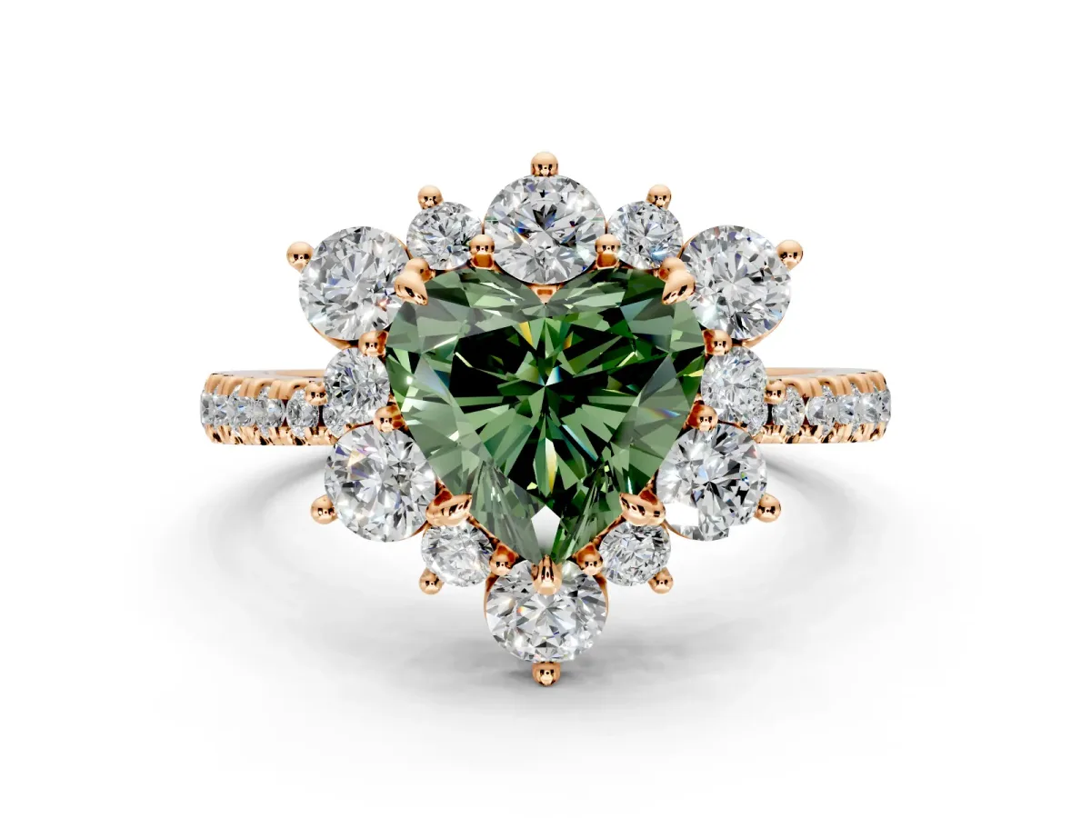 Floral Halo Engagement Ring Setting for Fancy Green Heart-Shaped Center with Pave Accents and Prong Head in Rose Gold