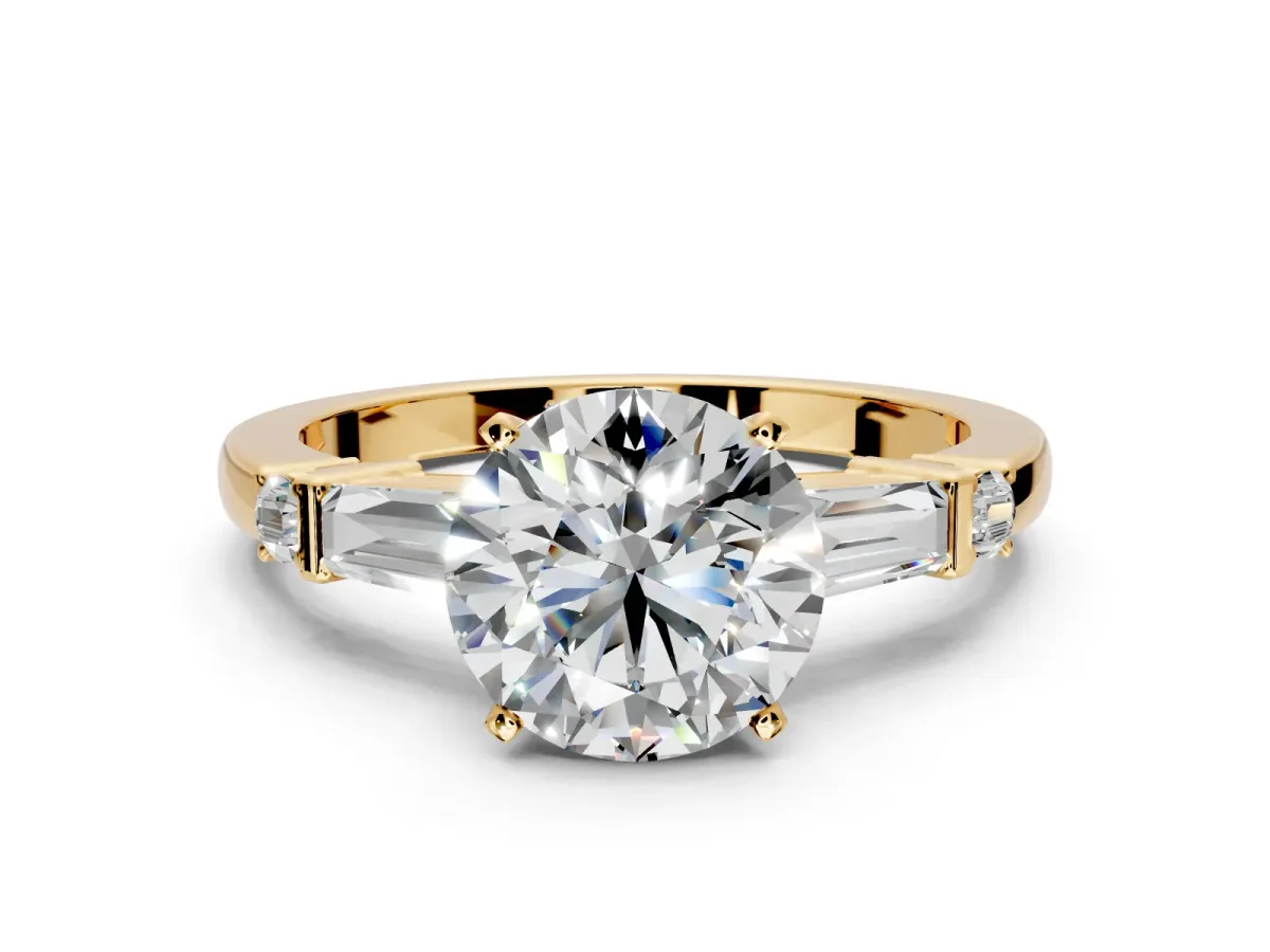 Bar-Set Engagement Ring Setting for Round Cut Center with Tapered Baguette Accents and Prong Head in Yellow Gold
