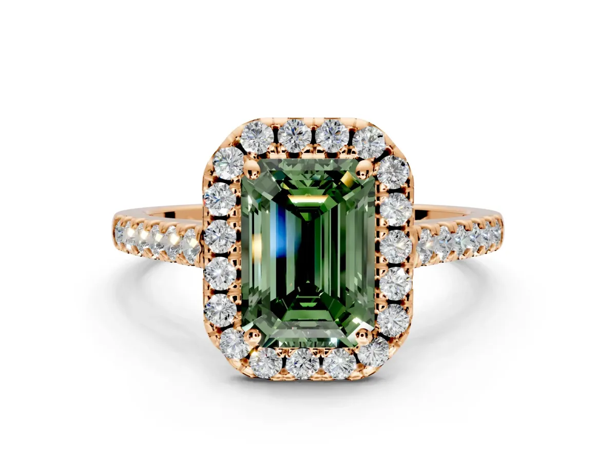 Halo Engagement Ring Setting for Fancy Green Emerald Cut Center with Narrowing Pave Band and Prong Head in Rose Gold