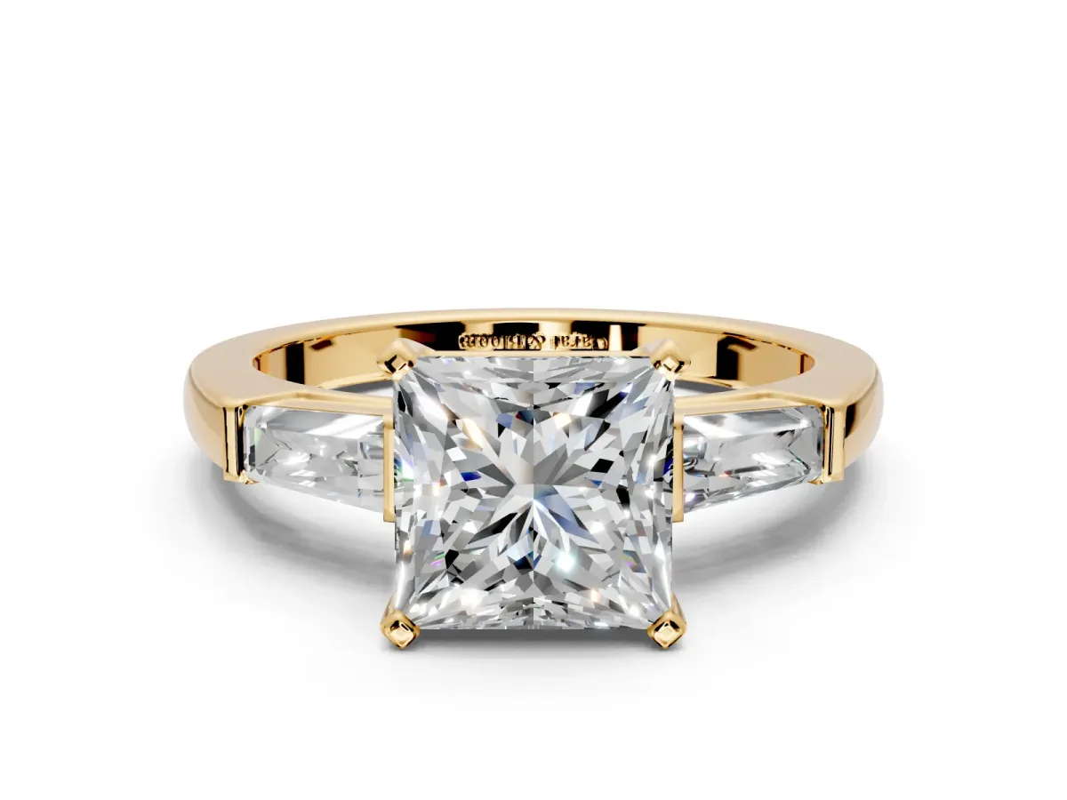 3 Stone Engagement Ring Setting for Princess Cut Center with Tapered Baguettes, Plain Band and Prong Head in Yellow Gold