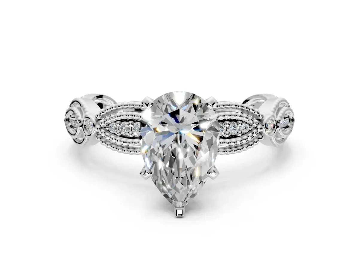 Solitaire Engagement Ring Setting for Pear-Shaped Center with Marquise Panel Band and Prong Head in Sterling Silver