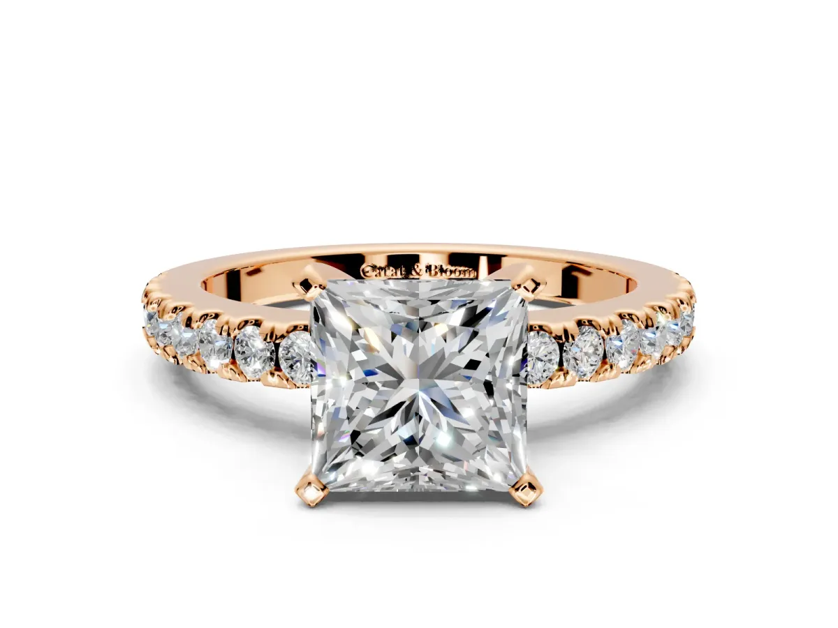 Solitaire Engagement Ring Setting for Princess Cut Center with Single Row Accent Band and Prong Head in Rose Gold