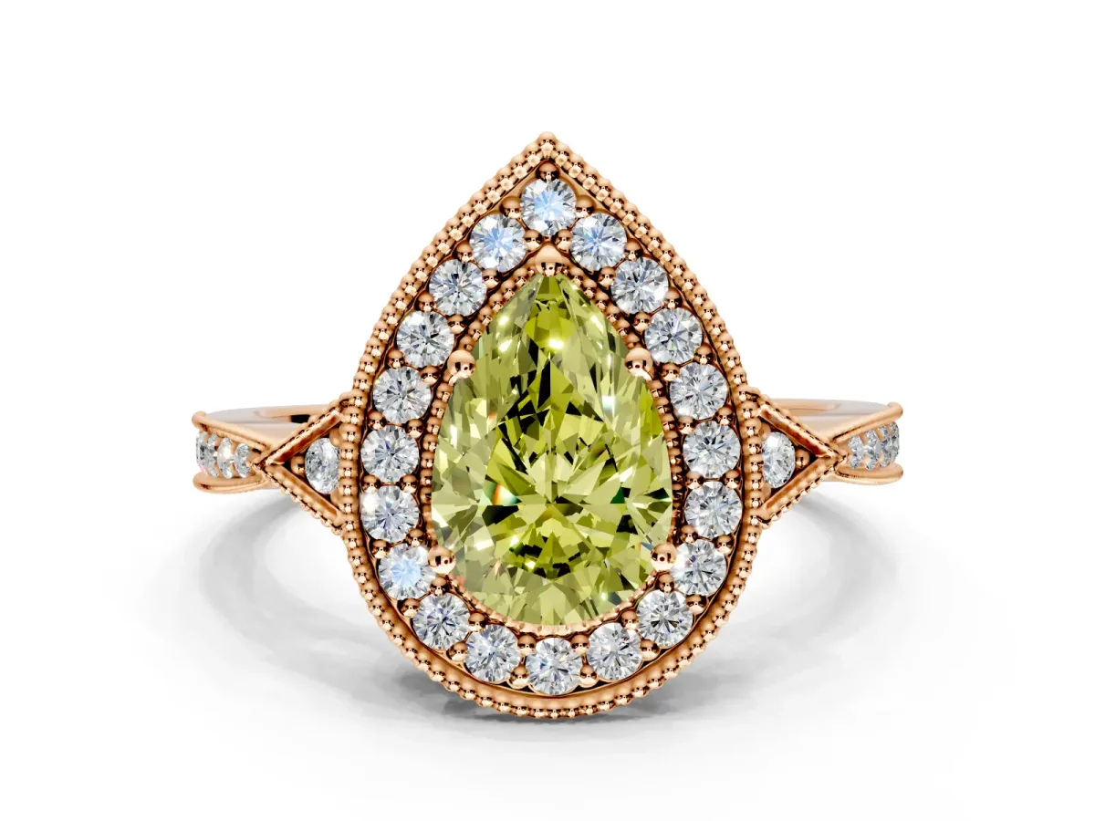 Halo Engagement Ring Setting for Fancy Yellow Pear-Shaped Center with Milgrain Rim, Pave Band and Prong Head in Rose Gold