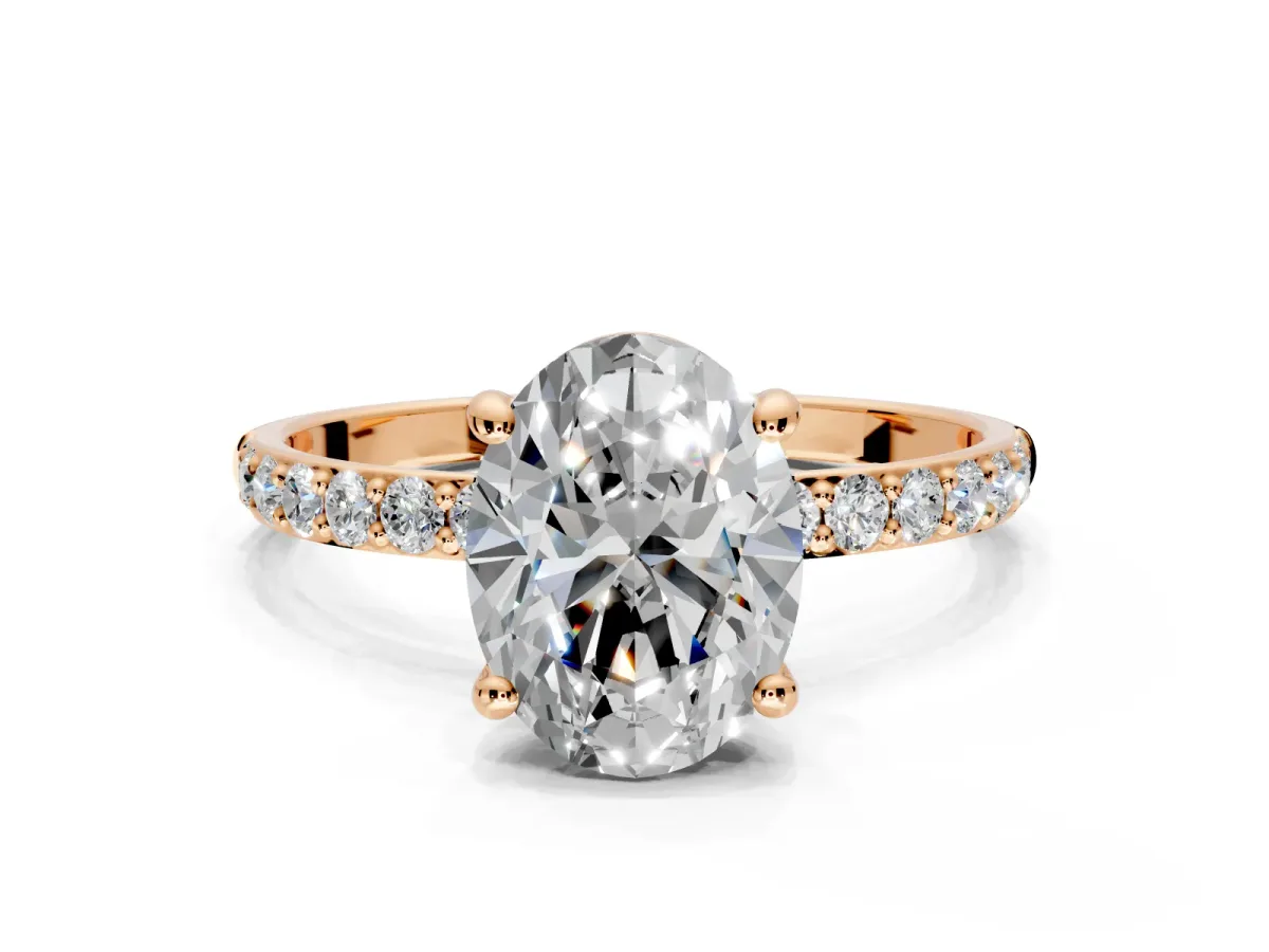 Solitaire Engagement Ring Setting for Oval Center with Pave Accents and Prong Head in Rose Gold