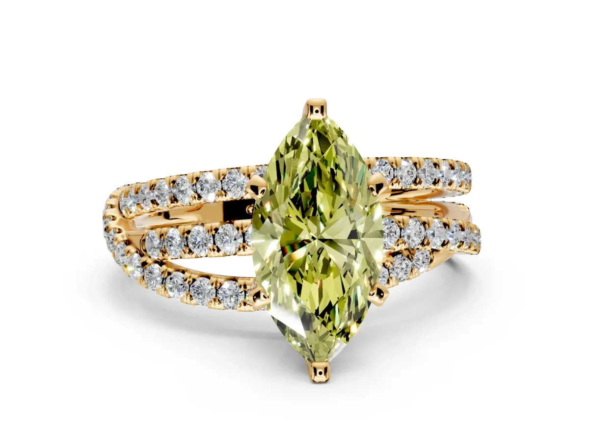 Solitaire Engagement Ring Setting for Fancy Yellow Marquise Center with Woven 3-Strand Pave Band and Prong Head in Yellow Gold