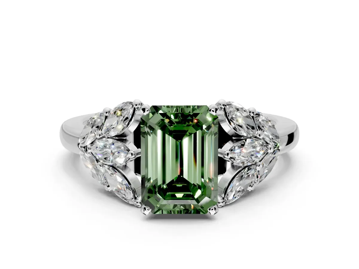 Leaf Cluster Engagement Ring Setting for Fancy Green Emerald Cut Center with Marquise Accents and Prong Head in Sterling Silver