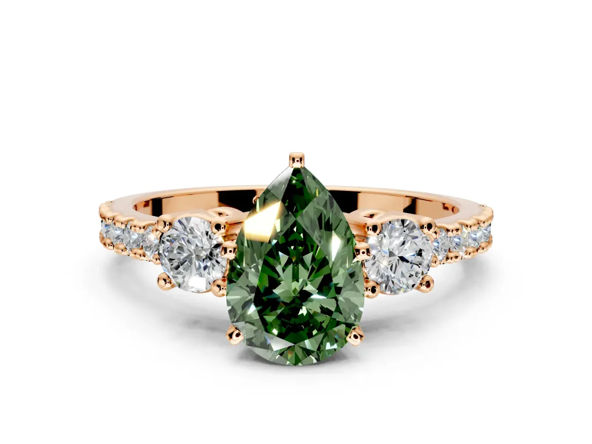 3 Stone Engagement Ring Setting for Fancy Green Pear-Shaped Center with Round Cut Side Accents and Prong Head in Rose Gold
