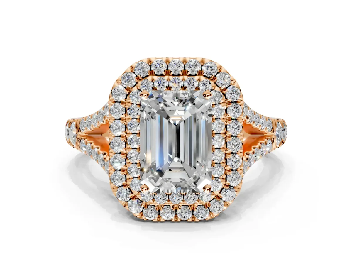 Double Halo Engagement Ring Setting for Emerald Cut Center with Narrow Pave Split Shank and Prong Head in Rose Gold