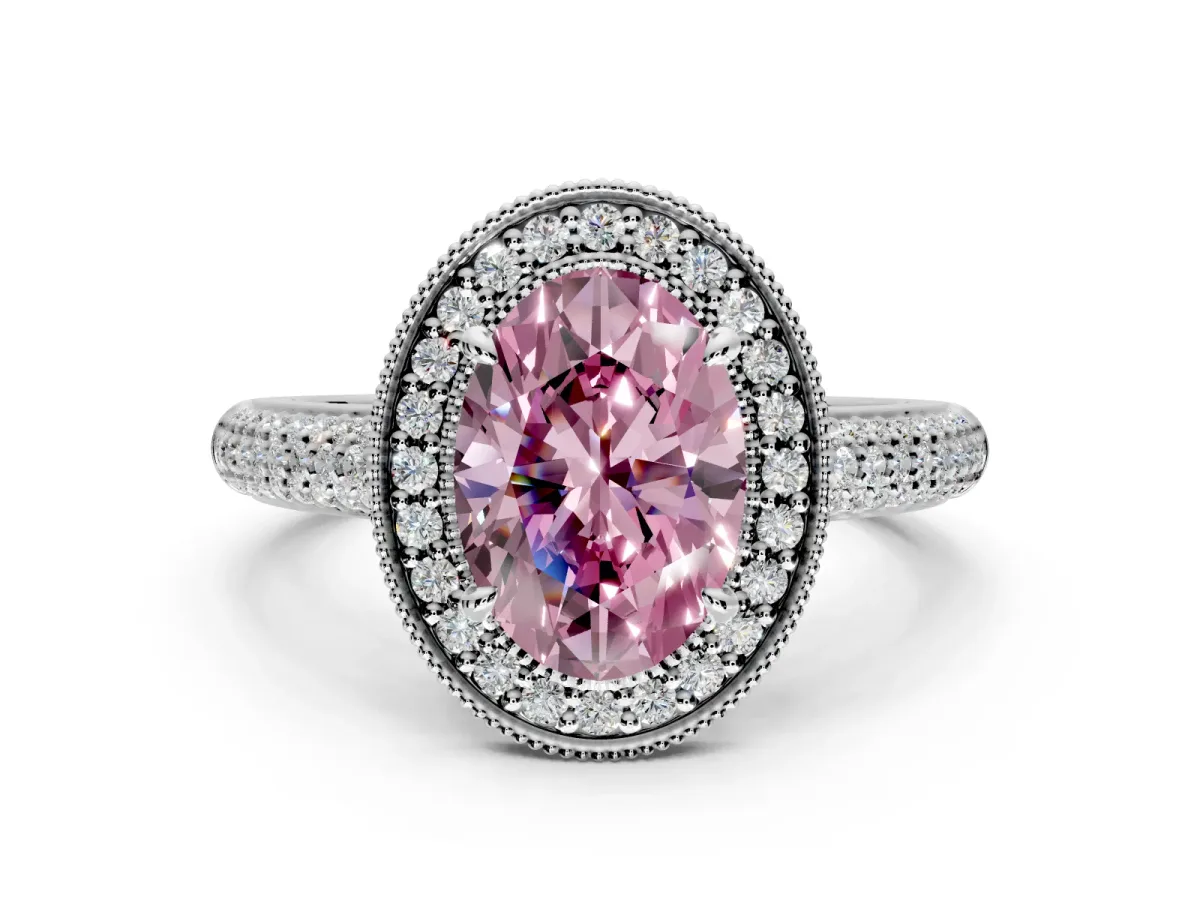 Milgrain Halo Engagement Ring Setting for Fancy Pink Oval Center with Three-Sided Pave Band and Prong Head in Sterling Silver