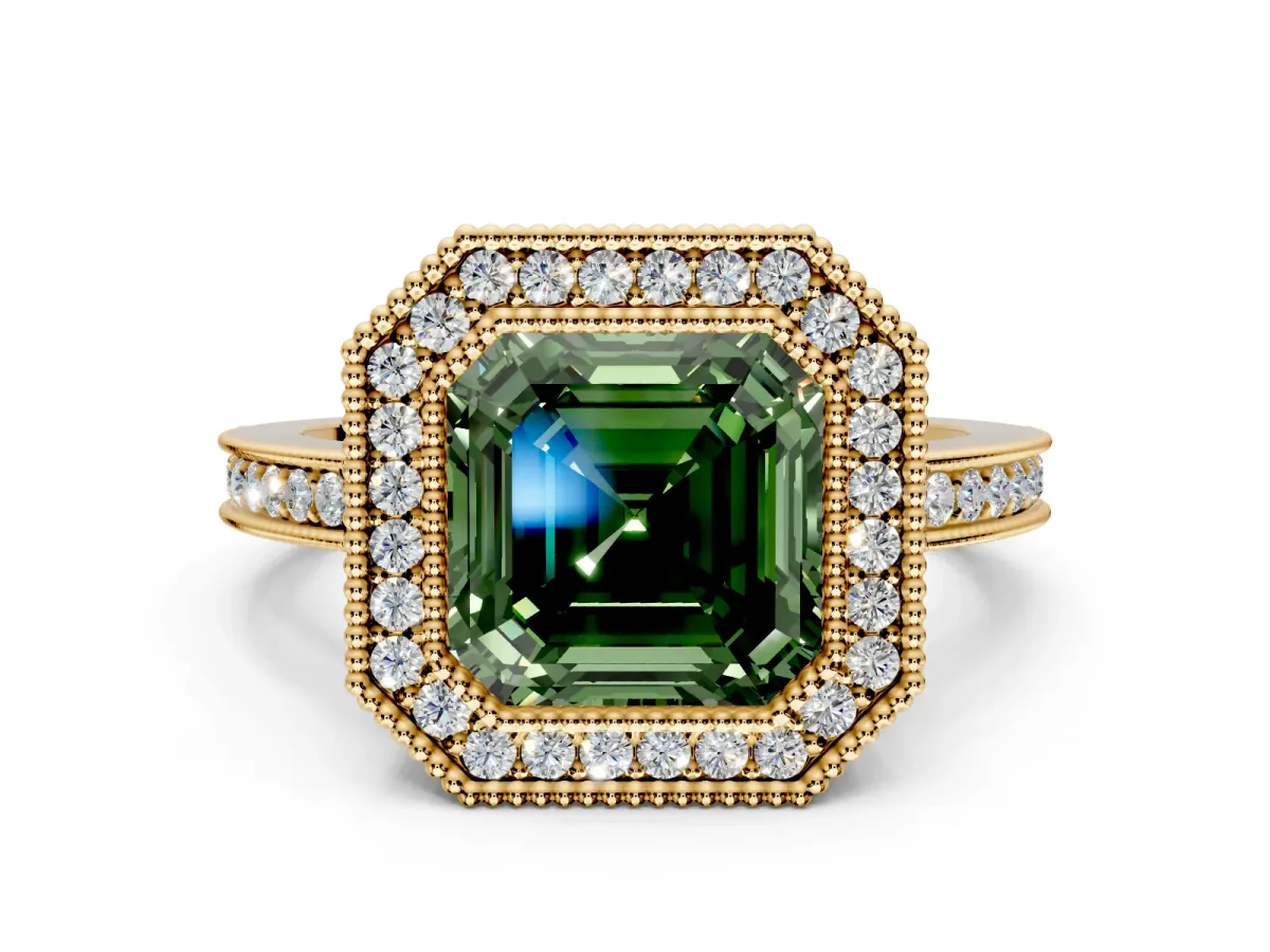 Halo Engagement Ring Setting for Fancy Green Asscher Cut Center with Milgrain Halo, Pave Band and Prong Head in Yellow Gold