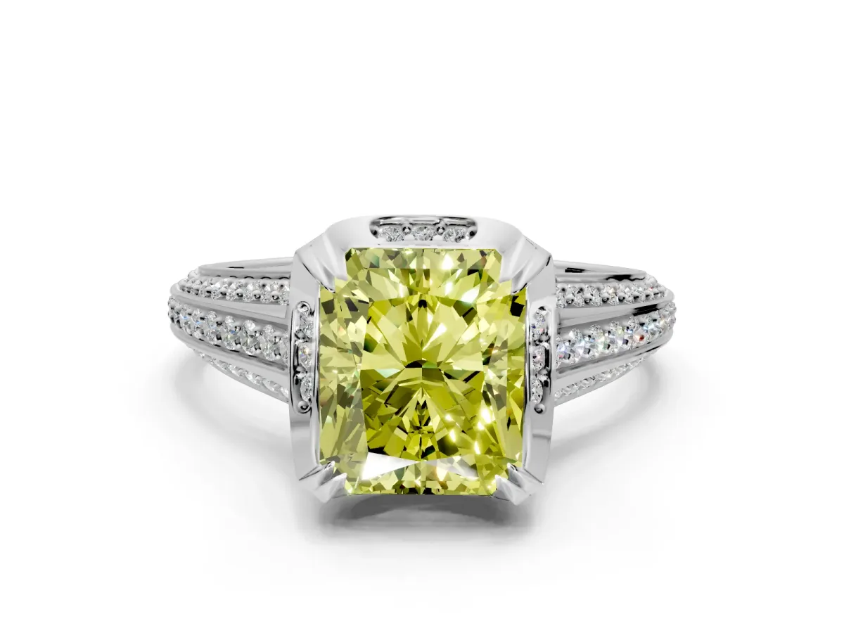 Solitaire Engagement Ring Setting for Fancy Yellow Radiant Cut Center with Accented Split Shank and Prong Head in Sterling Silver