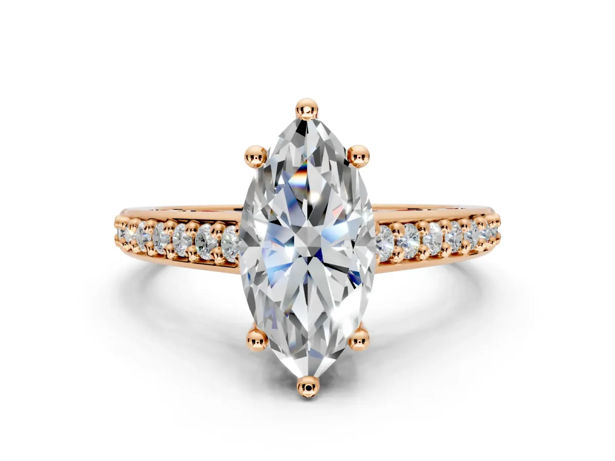 Solitaire Engagement Ring Setting for Marquise Center with Pave Cathedral Band and Prong Head in Rose Gold