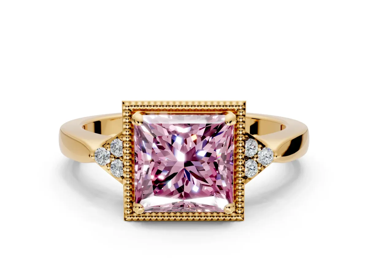 Cluster Engagement Ring Setting for Fancy Pink Princess Cut Center with Milgrain Shoulder Clusters and Prong Head in Yellow Gold