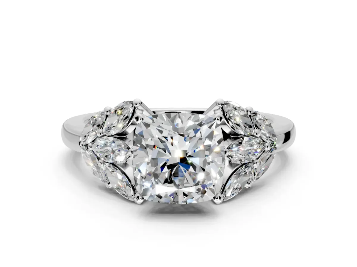 Leaf Cluster Engagement Ring Setting for Cushion Cut Center with Marquise Accents and Prong Head in Sterling Silver