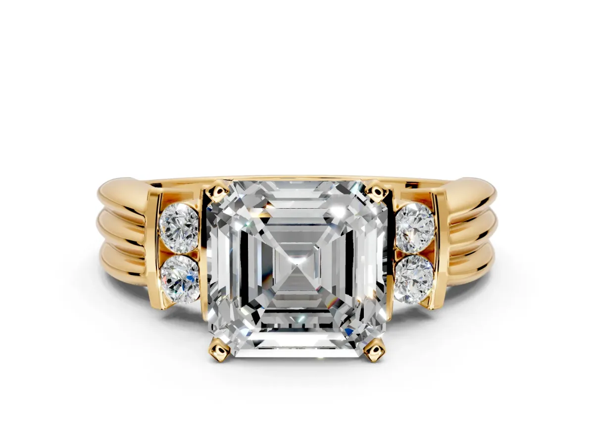 Solitaire Engagement Ring Setting for Asscher Cut Center with Grooved Bar Accent Band and Prong Head in Yellow Gold