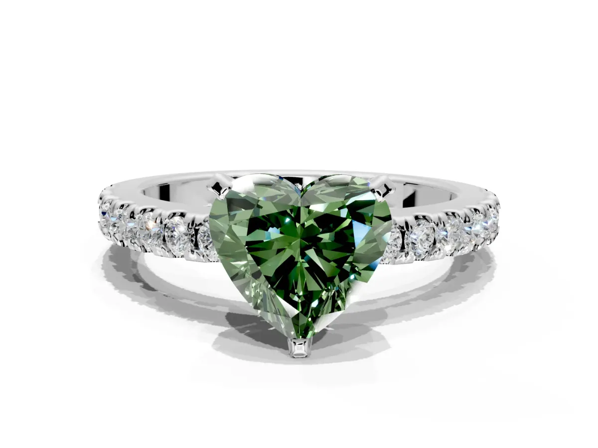 Solitaire Engagement Ring Setting for Fancy Green Heart-Shaped Center with Single Row Accent Band and Prong Head in Sterling Silver