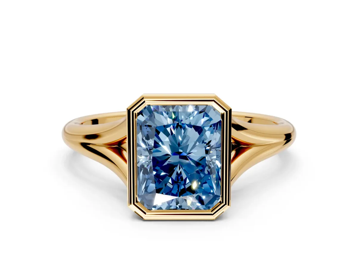 Solitaire Engagement Ring Setting for Fancy Blue Radiant Cut Center with V Split Shank and Bezel Head in Yellow Gold