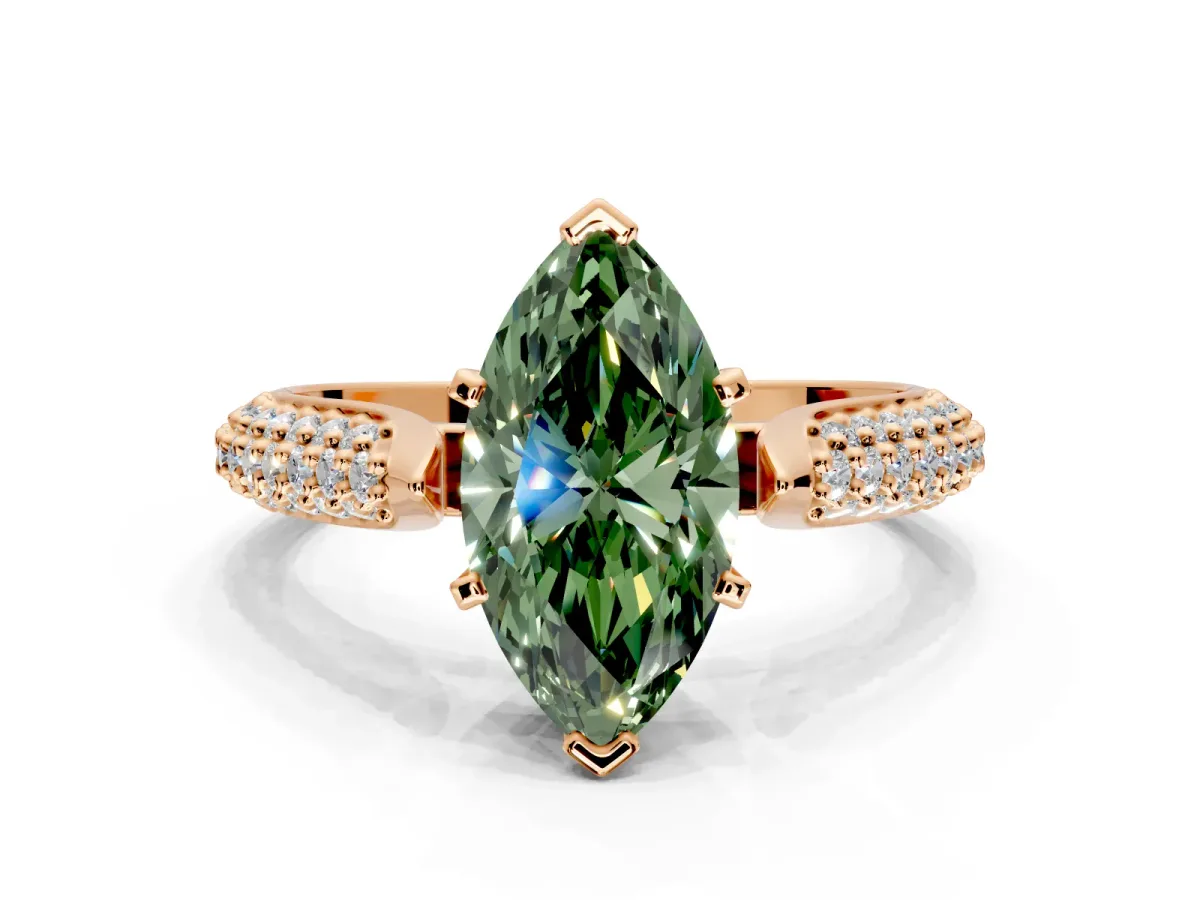 Solitaire Engagement Ring Setting for Fancy Green Marquise Center with Multi-Row Accents and Prong Head in Rose Gold