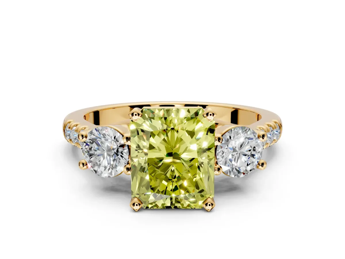 3 Stone Engagement Ring Setting for Fancy Yellow Radiant Cut Center with Crossover Basket, Pave Band and Prong Head in Yellow Gold