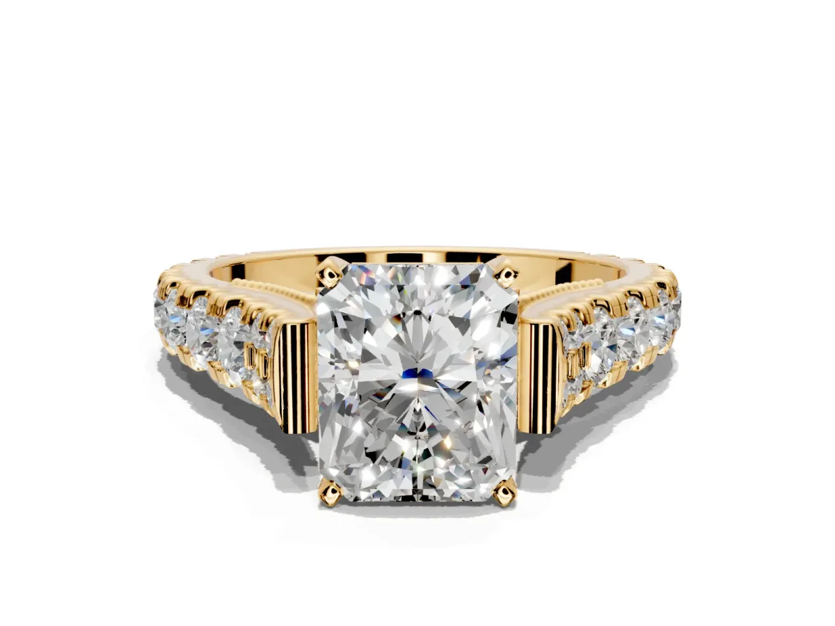 Solitaire Engagement Ring Setting for Radiant Cut Center with Pave Cathedral Shoulders and Prong Head in Yellow Gold