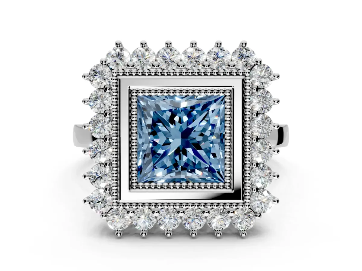 Halo Engagement Ring Setting for Fancy Blue Princess Cut Center with Milgrain Bezel Rim, Plain Band and Prong Head in White Gold