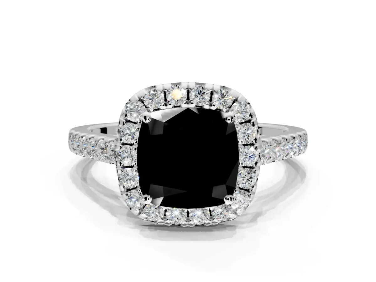 Halo Engagement Ring Setting for Fancy Black Cushion Cut Center with Narrowing Pave Band and Prong Head in Platinum