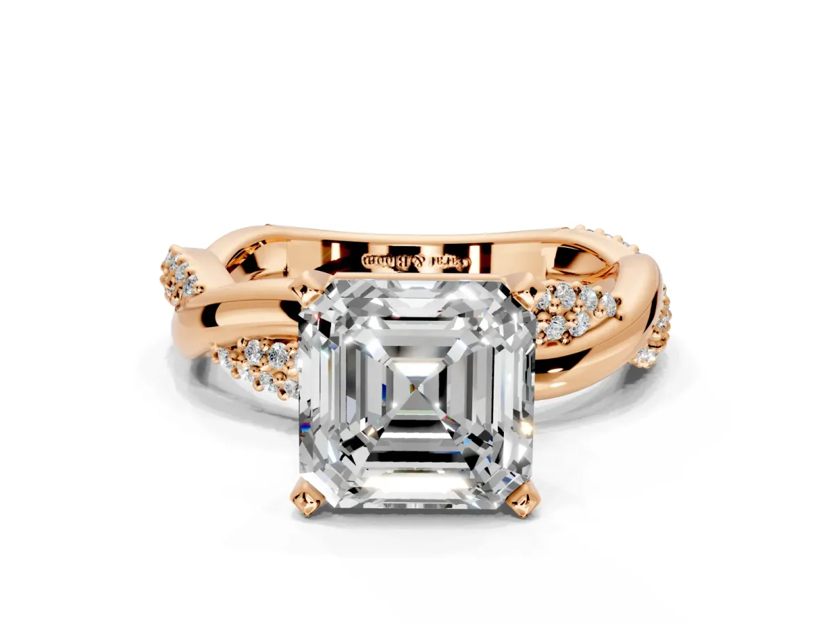 Solitaire Engagement Ring Setting for Asscher Cut Center with Pave and Plain Crossover and Basket Head in Rose Gold