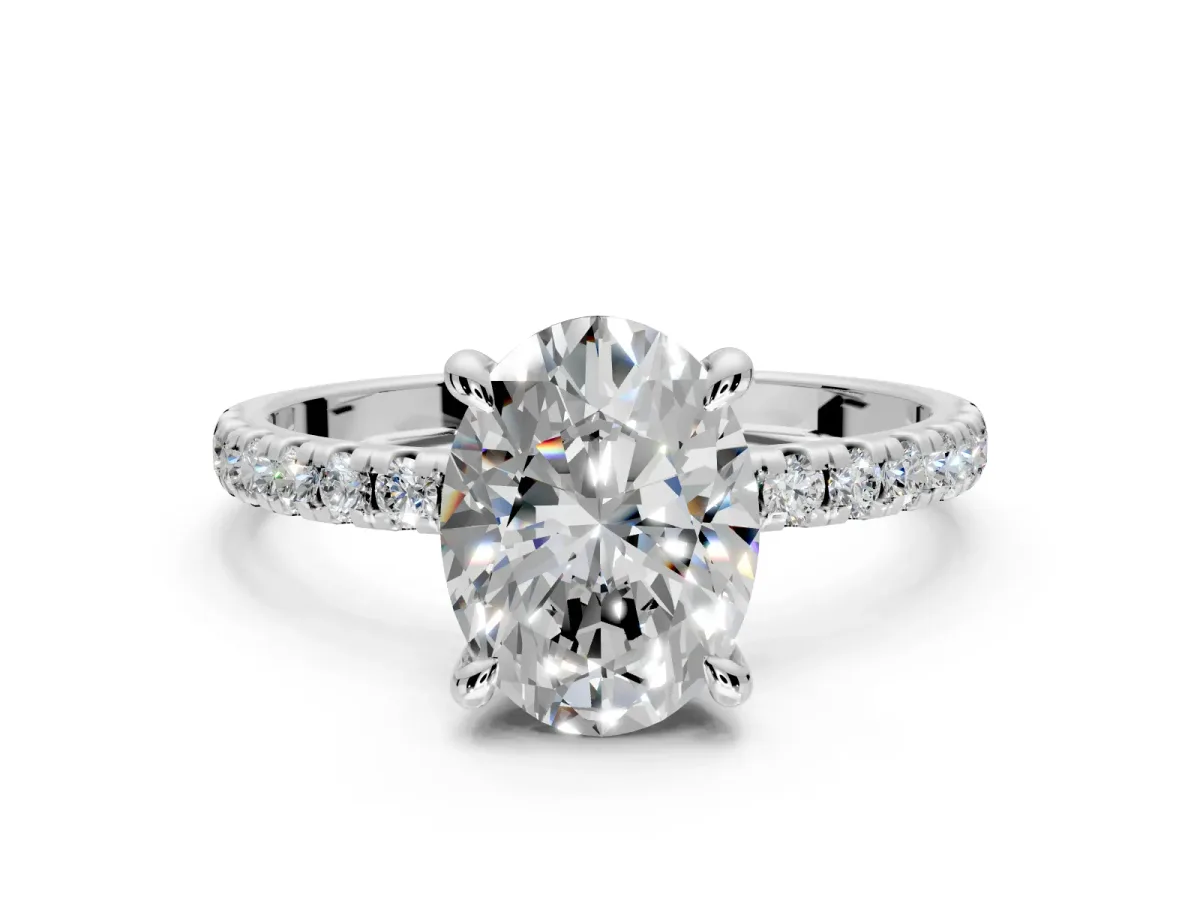 Solitaire Engagement Ring Setting for Oval Center with Fine Pave Narrow Band and Prong Head in Platinum