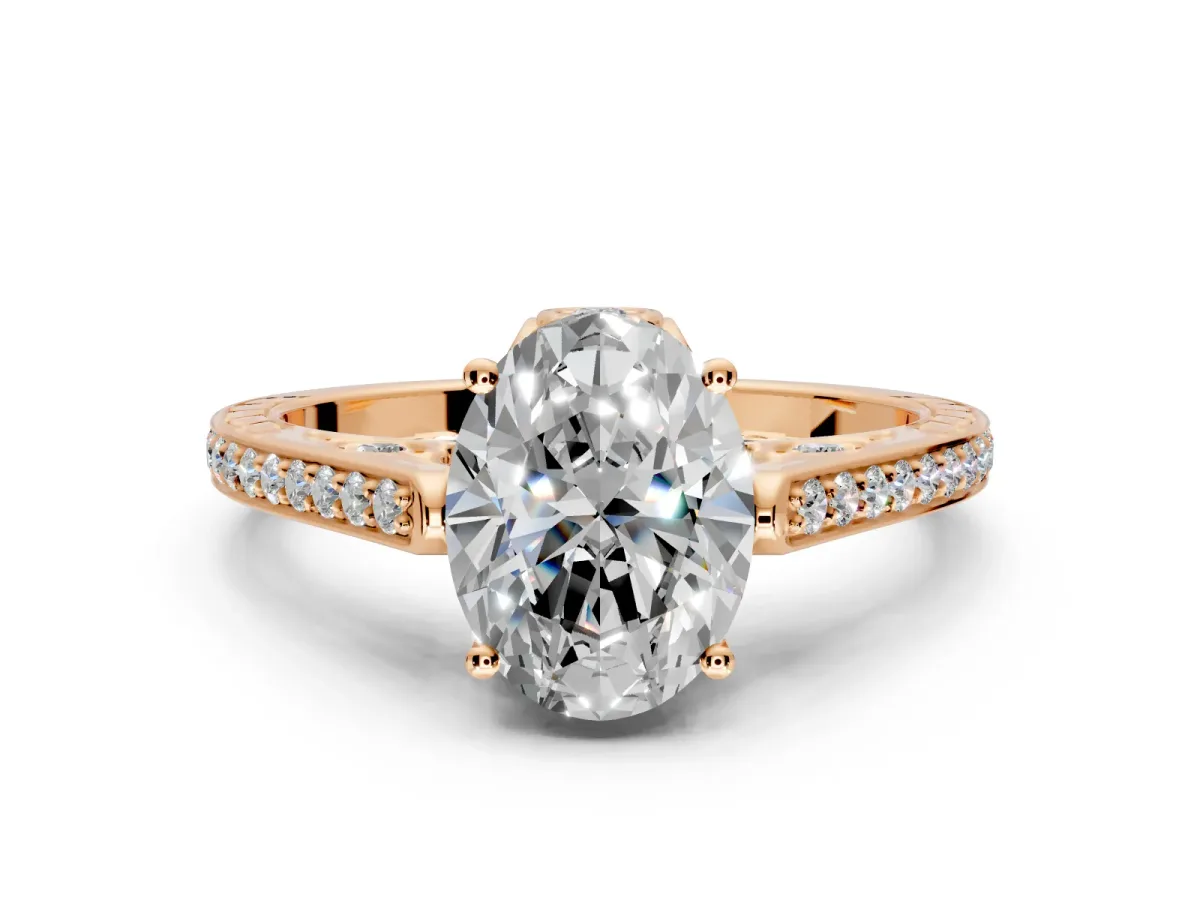 Cathedral Engagement Ring Setting for Oval Center with Antique-Style Pave Band and Prong Head in Rose Gold