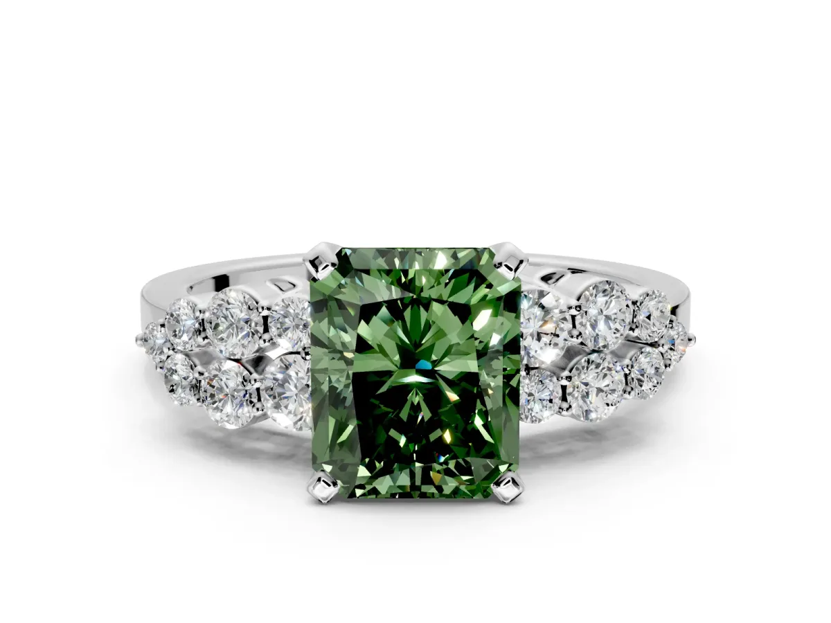 Cluster Engagement Ring Setting for Fancy Green Radiant Cut Center with 2-Row Shoulder Clusters and Prong Head in Sterling Silver