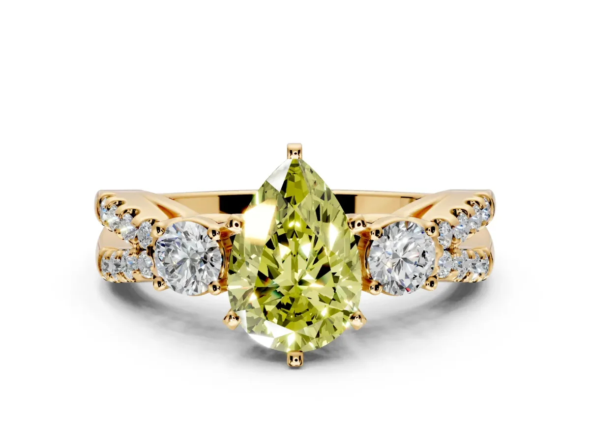 3 Stone Engagement Ring Setting for Fancy Yellow Pear-Shaped Center with Pave Split Shank and Prong Head in Yellow Gold