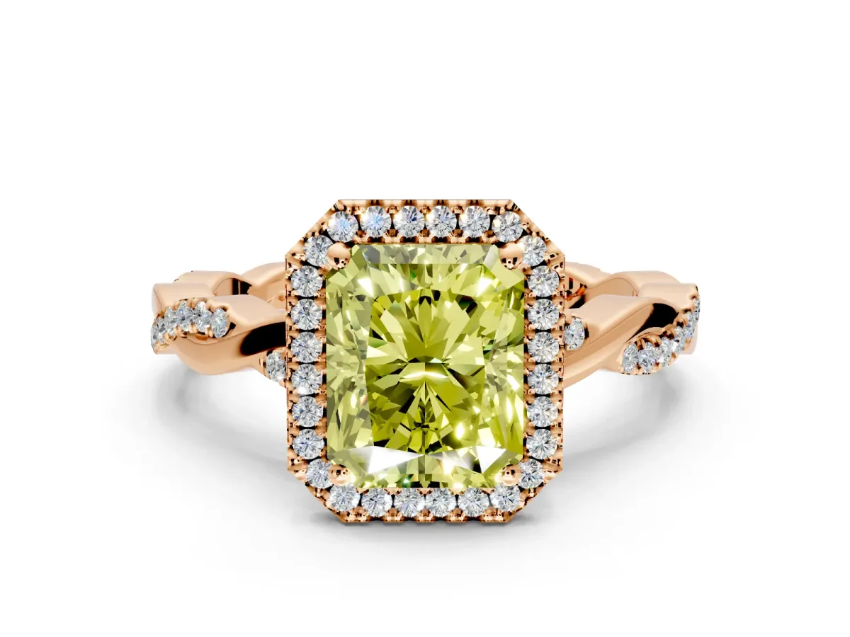 Halo Engagement Ring Setting for Fancy Yellow Radiant Cut Center with Pave and Plain Twist Band and Prong Head in Rose Gold