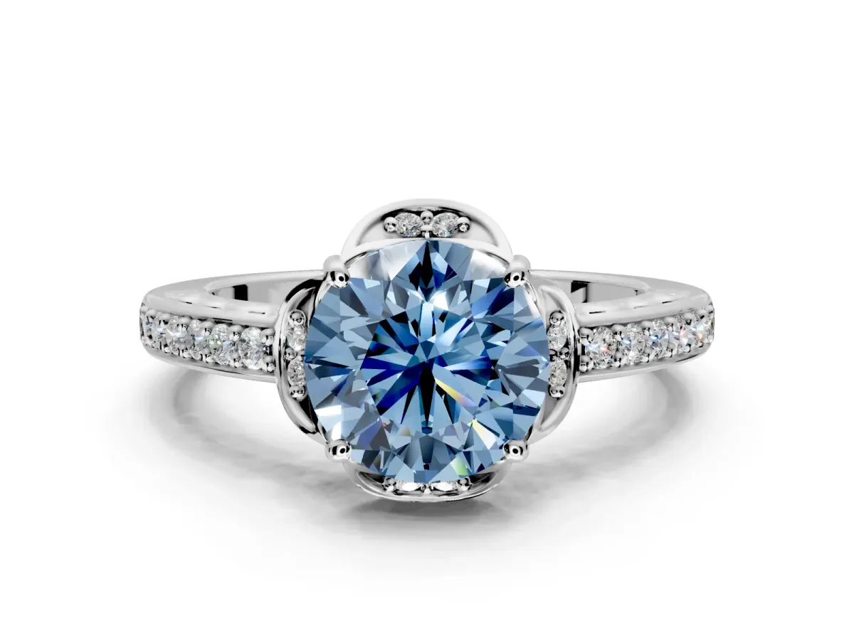 Floral Engagement Ring Setting for Fancy Blue Round Cut Center with Four Accent Clusters and Prong Head in Sterling Silver