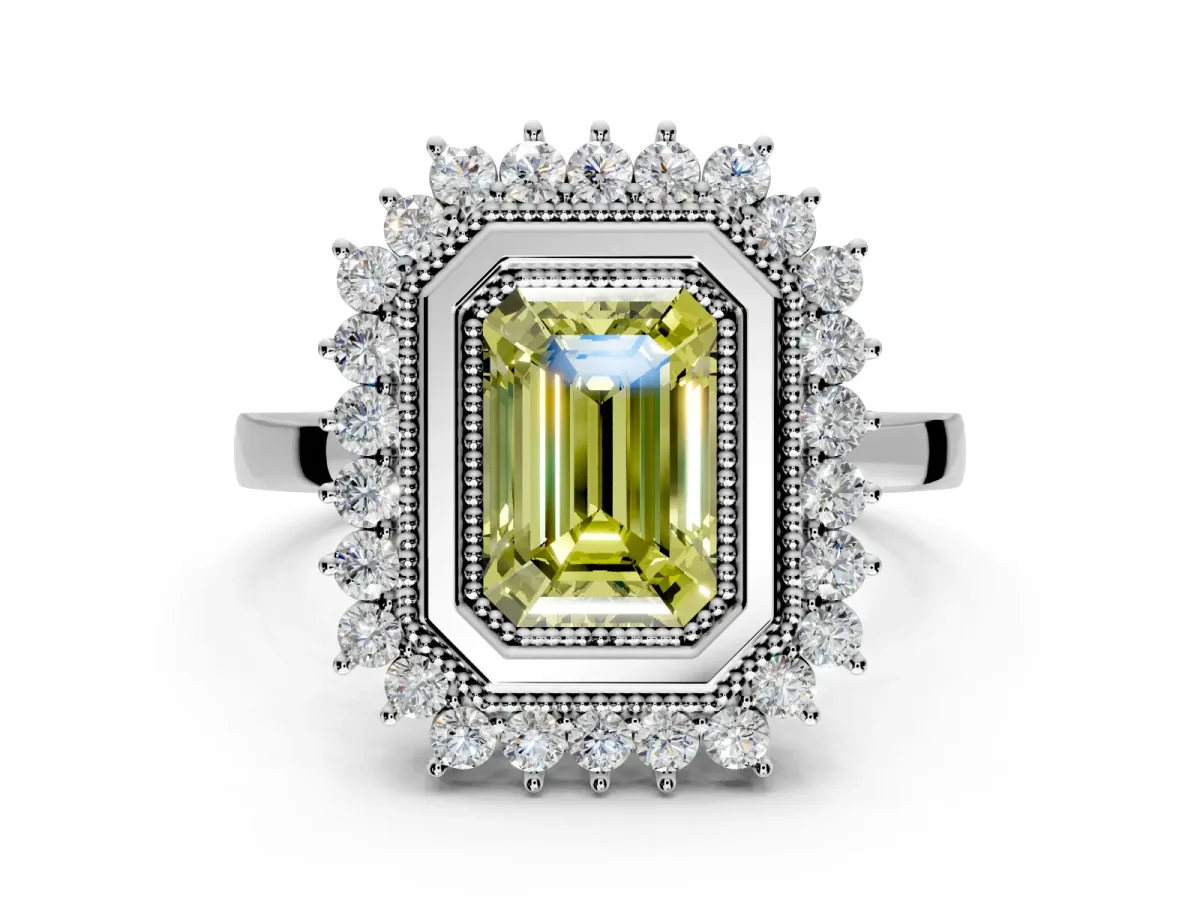 Halo Engagement Ring Setting for Fancy Yellow Emerald Cut Center with Milgrain Bezel Rim, Plain Band and Prong Head in Platinum