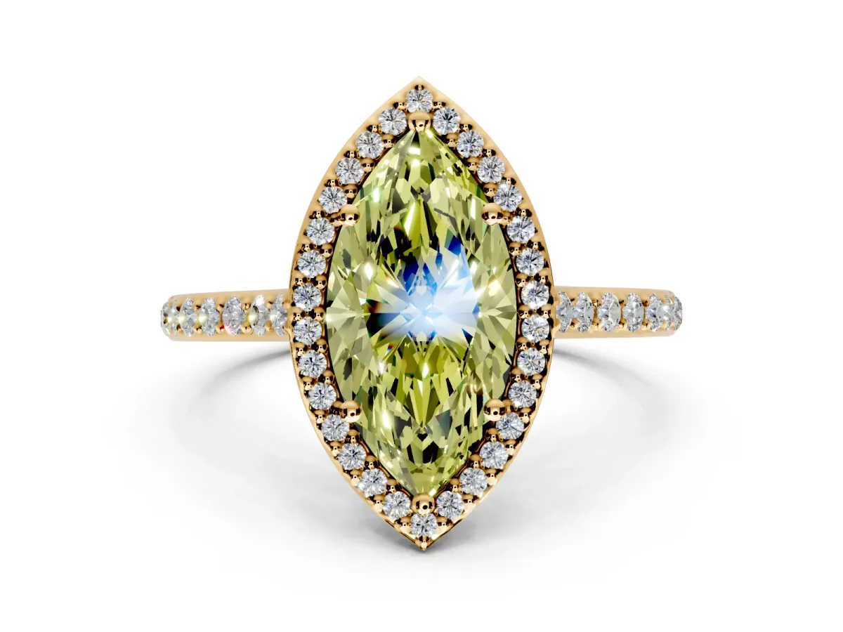 Halo Engagement Ring Setting for Fancy Yellow Marquise Center with Pave Accents, Heart Basket and Prong Head in Yellow Gold