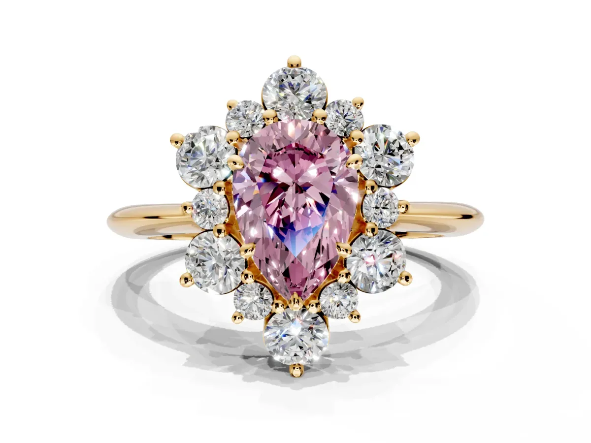 Small-Accent Cluster Halo Engagement Ring Setting for Fancy Pink Pear-Shaped Center with Plain Band and Prong Head in Yellow Gold