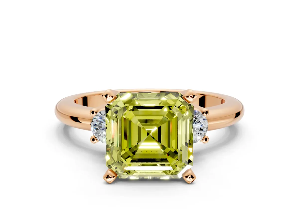 3 Stone Engagement Ring Setting for Fancy Yellow Asscher Cut Center with Wide Plain Band and Prong Head in Rose Gold