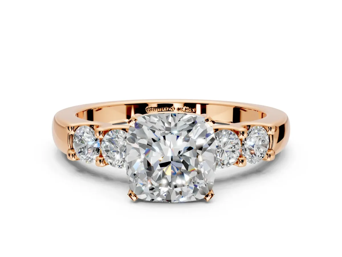 5 Stone Engagement Ring Setting for Cushion Cut Center with Plain Band and Prong Head in Rose Gold