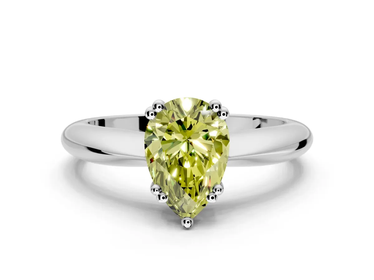 Solitaire Engagement Ring Setting for Fancy Yellow Pear-Shaped Center with Reverse Tapered Band and Prong Head in Platinum