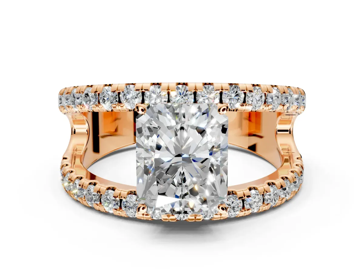 Solitaire Engagement Ring Setting for Radiant Cut Center with Wide-Open Split Shank and Prong Head in Rose Gold