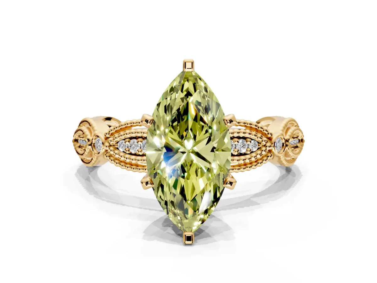Solitaire Engagement Ring Setting for Fancy Yellow Marquise Center with Marquise Panel Band and Prong Head in Yellow Gold