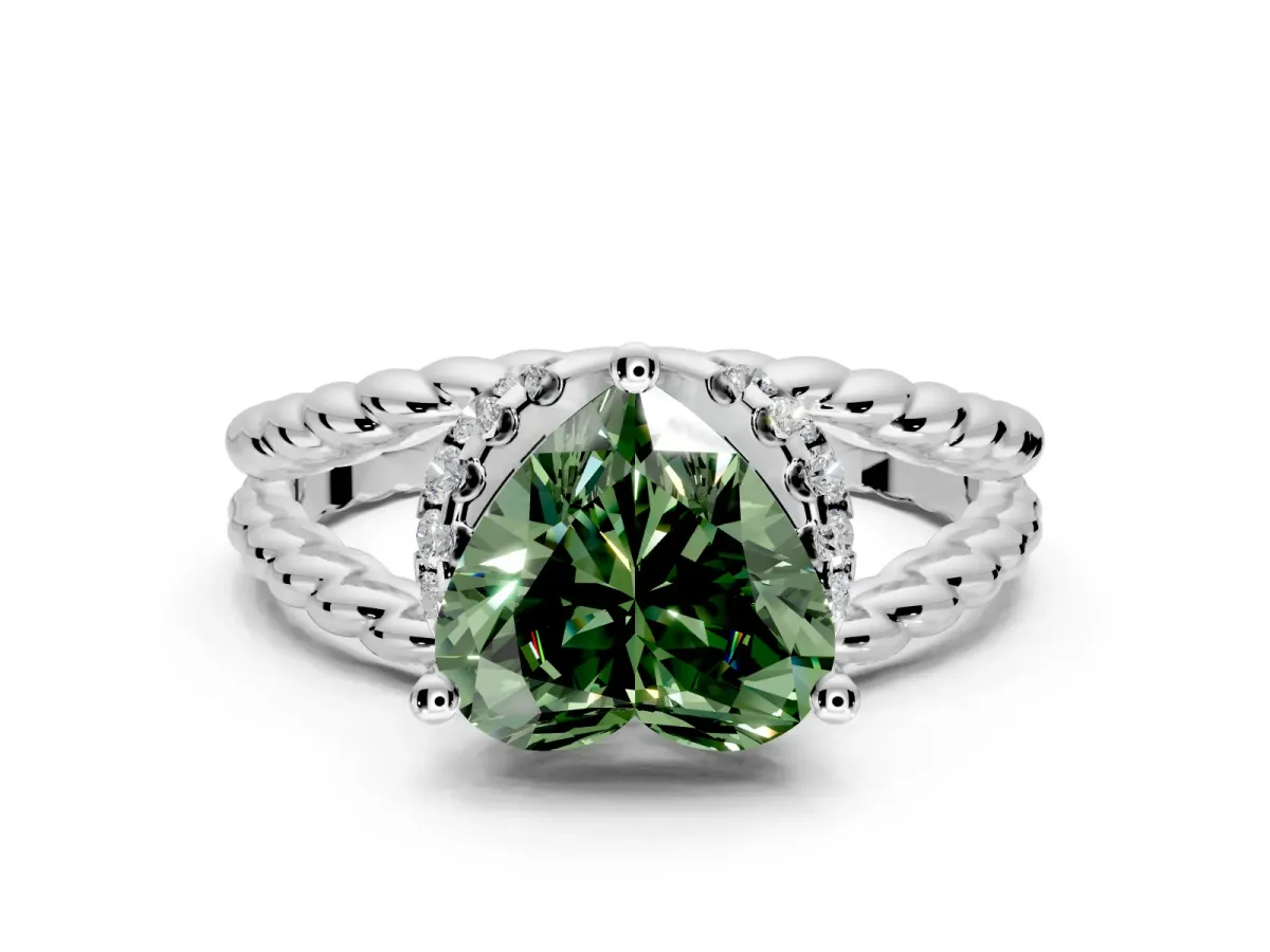 Halo Engagement Ring Setting for Fancy Green Heart-Shaped Center with Rope Twist Split Shank and Prong Head in Platinum