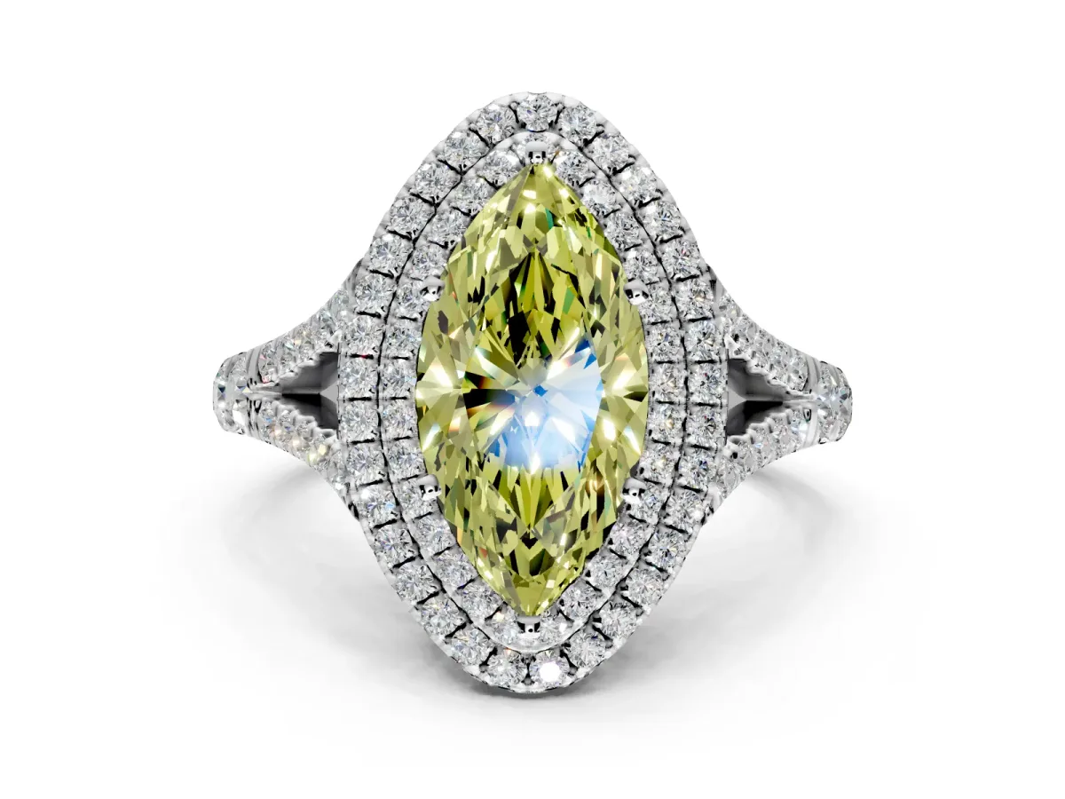 Double Halo Engagement Ring Setting for Fancy Yellow Marquise Center with Narrow Pave Split Shank and Prong Head in White Gold
