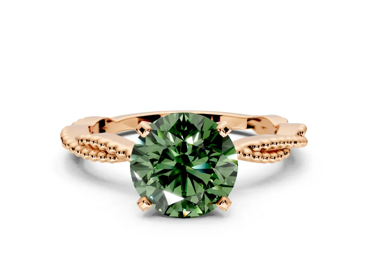 Solitaire Engagement Ring Setting for Fancy Green Round Cut Center with Twist Band and Bead Prong Head in Rose Gold