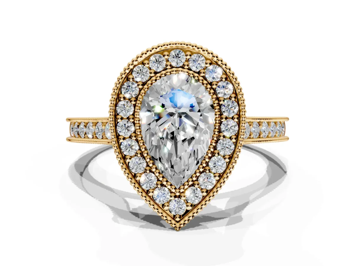 Halo Engagement Ring Setting for Pear-Shaped Center with Milgrain Pave Band and Bezel Head in Yellow Gold