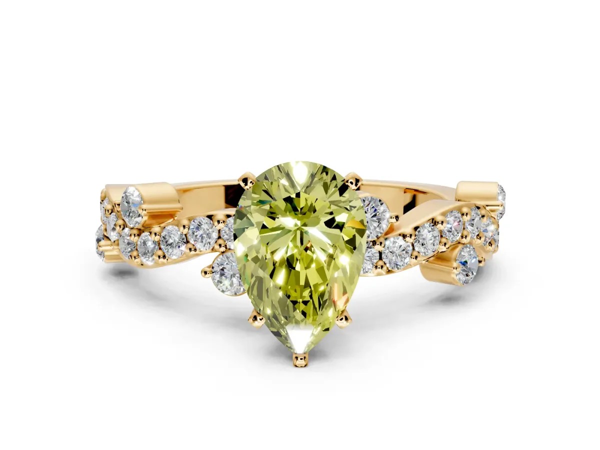 Solitaire Engagement Ring Setting for Fancy Yellow Pear-Shaped Center with Bar-Station Pave Twist and Prong Head in Yellow Gold